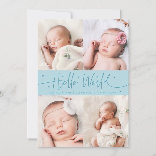 Faire-part de naissance écriture Hello World Turqu (Devant)
