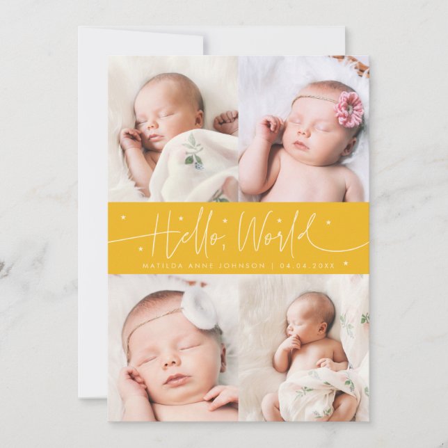 Faire-part de naissance écriture jaune multi photo (Devant)
