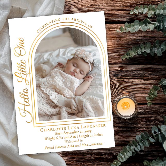 Faire-part de naissance élégant avec photo en arc  (Arched Photo Elegant Script "Hello Little One" Foil Birth Announcement - Great for Girl or Boy)