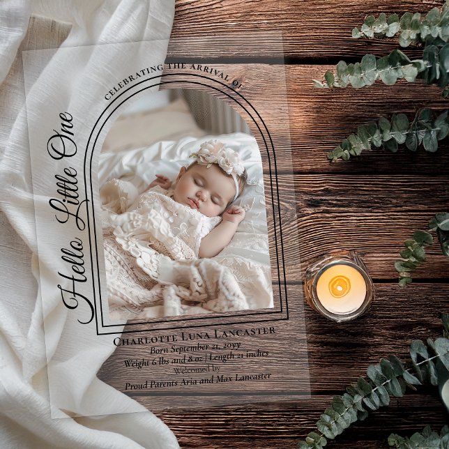 Faire-part de naissance élégant avec photo en arc  (Arched Photo Elegant Script "Hello Little One" Acrylic Announcement -Black Text and Accents on Clear)
