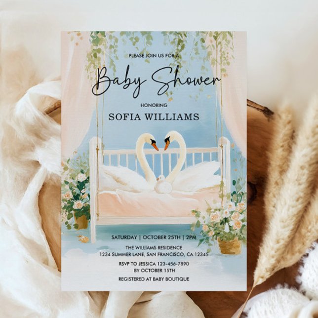 Faire-part de naissance Élégant Cygne (Swan Baby Shower Invitation)