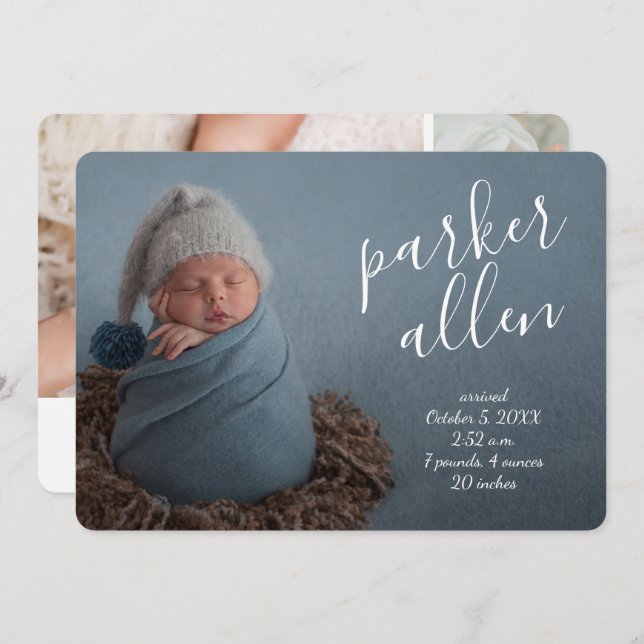 Faire-part de naissance élégant en collage de phot (Devant / Derrière)