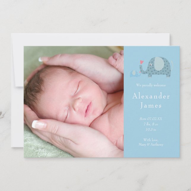 Faire-part de naissance éléphant à pois bleus pour (Devant)