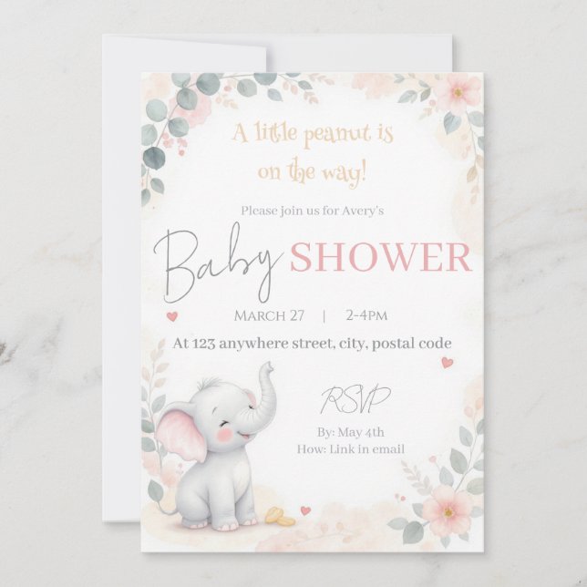 Faire-part de naissance éléphant aquarelle (Devant)