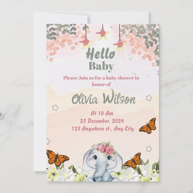 Faire-part de naissance éléphant pour bébé fille (Devant)