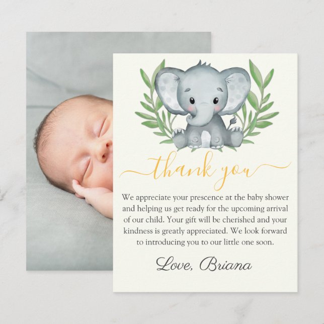 Faire-part de naissance éléphant végétation neutre (Devant / Derrière)