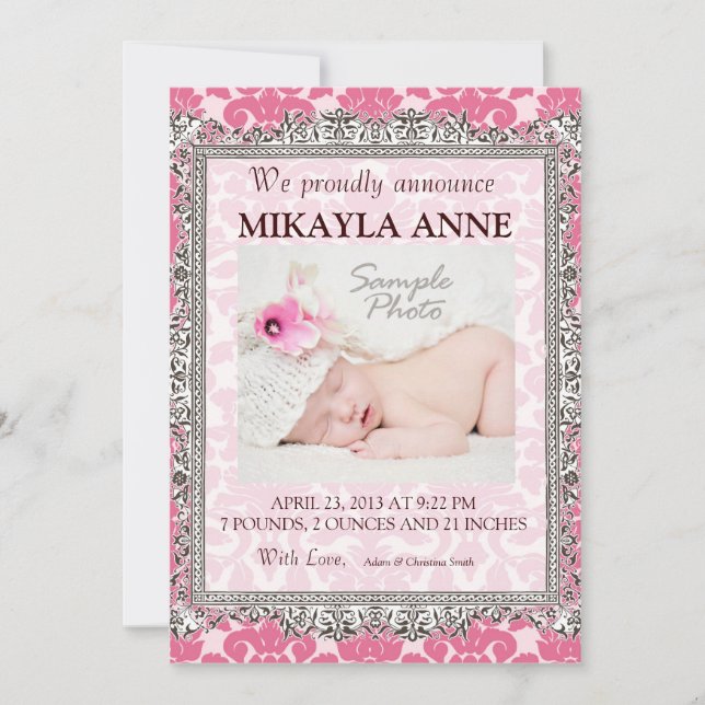 Faire-part de naissance en damas rose et marron (Devant)