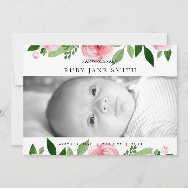 Faire-part de naissance feuille de rose aquarelle (Devant)