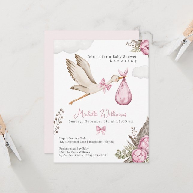 Faire-part de naissance Fille au Cigogne Aquarelle (Devant/Arrière en situation)