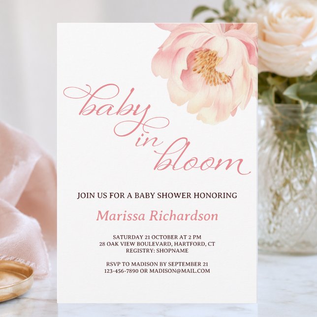 Faire-part de naissance Fille Bébé Rose en Fleur (elegant pretty blush pink peony floral baby in bloom invitation card for baby girl)