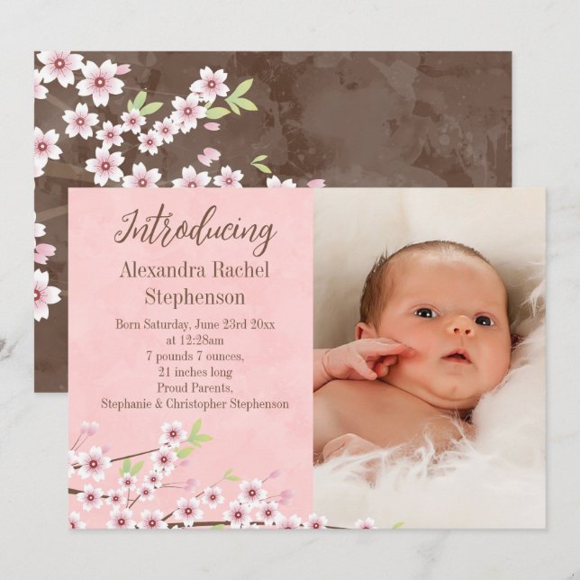 Faire-part de naissance Fille Bébé Rose et Brun Sa (Devant / Derrière)