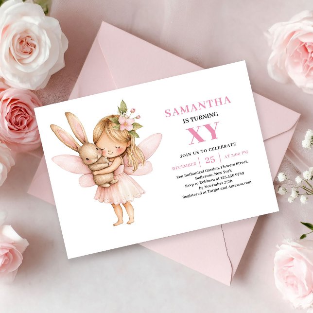 Faire-part de naissance Fille Fée Capriceuse Rose  (Whimsical Fairy Girl Birthday Blush Pink invitation)