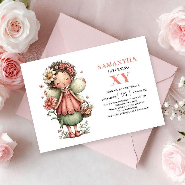 Faire-part de naissance Fille Fée Capriceuse Rose  (Whimsical Fairy Girl Birthday Blush Pink invitation)