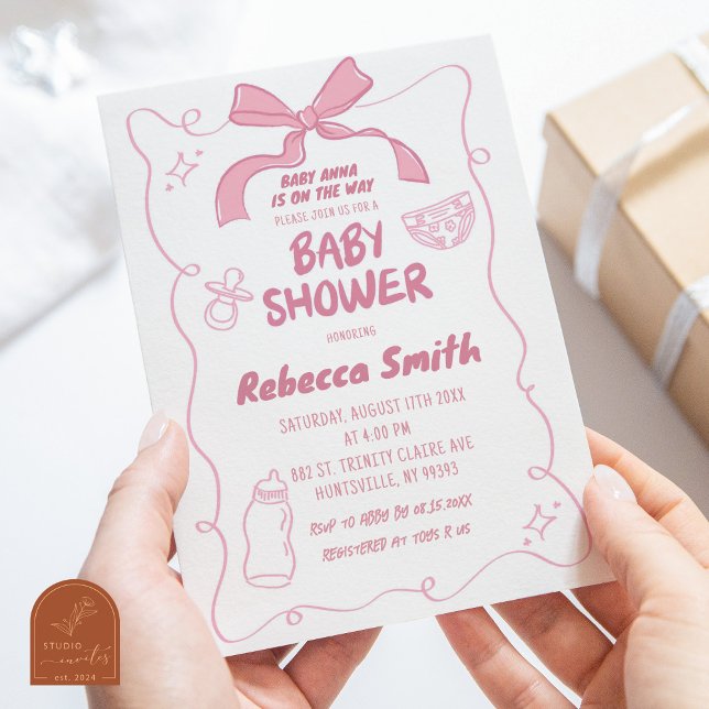 Faire-part de naissance fille illustré ruban rose (Créateur téléchargé)