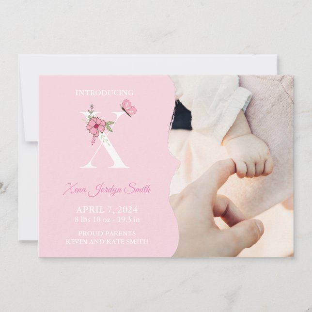 Faire-part de naissance fille initiale X (Devant)