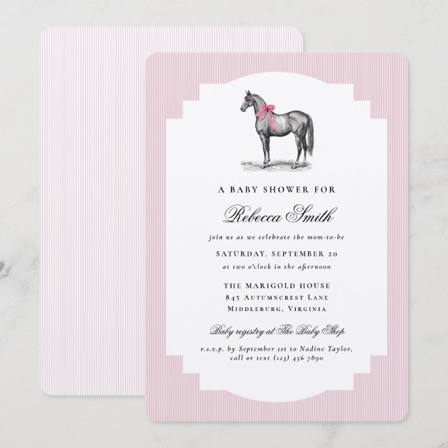 Faire-part de Naissance Fille Rose Cheval à l'anci (Devant / Derrière)