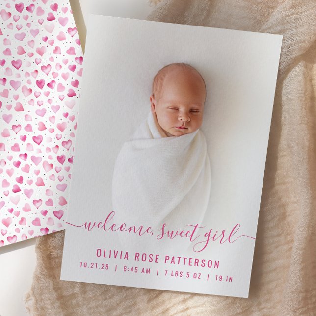 Faire-part de naissance fille rose coeurs écriture (Créateur téléchargé)