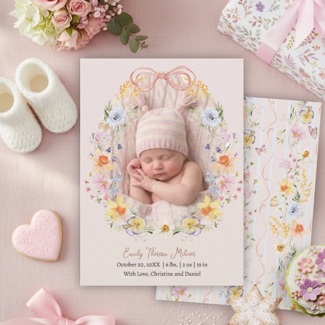Faire-part de naissance Fleur sauvage au ruban ros (Créateur téléchargé)