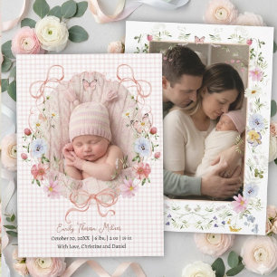 Faire-part de naissance Fleur sauvage au ruban ros