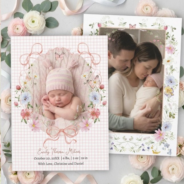 Faire-part de naissance Fleur sauvage au ruban ros (Créateur téléchargé)