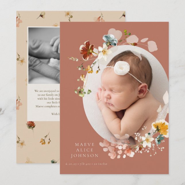 Faire-part de naissance Fleur sauvage vintage (Devant / Derrière)