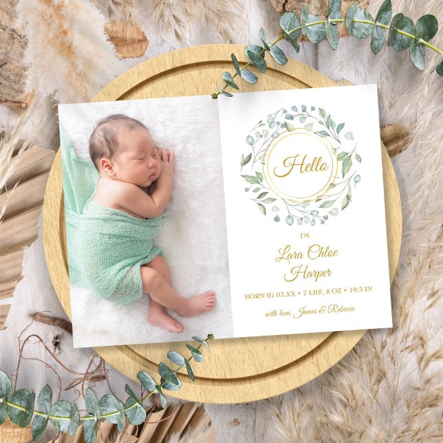 Faire-part de naissance floral avec photo et écrit (Gold Script Hello Photo Greenery Floral Birth Announcement Postcard)