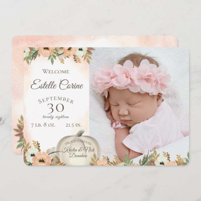 Faire-part de naissance Floral Citrouille blanc av (Devant / Derrière)
