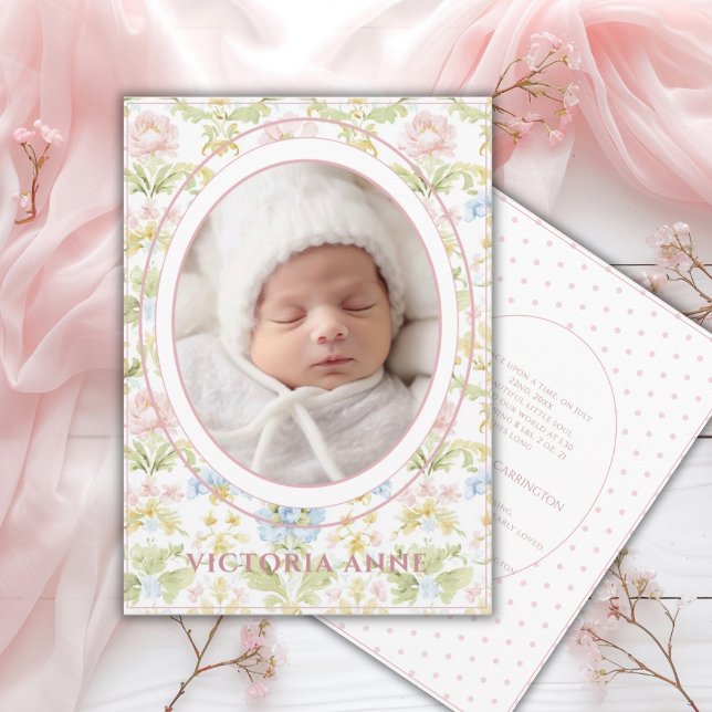 Faire-part de naissance floral damassé rose bleu j (Créateur téléchargé)