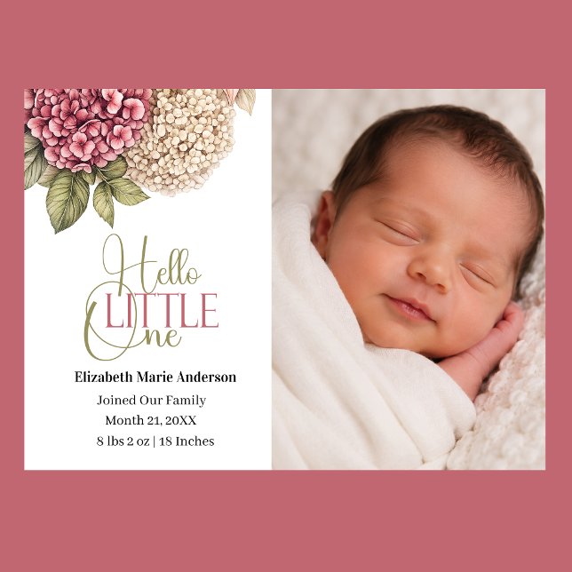 Faire-part de naissance floral Hydrangea Photo de  (Hello Little One Baby Girl Announcement.)