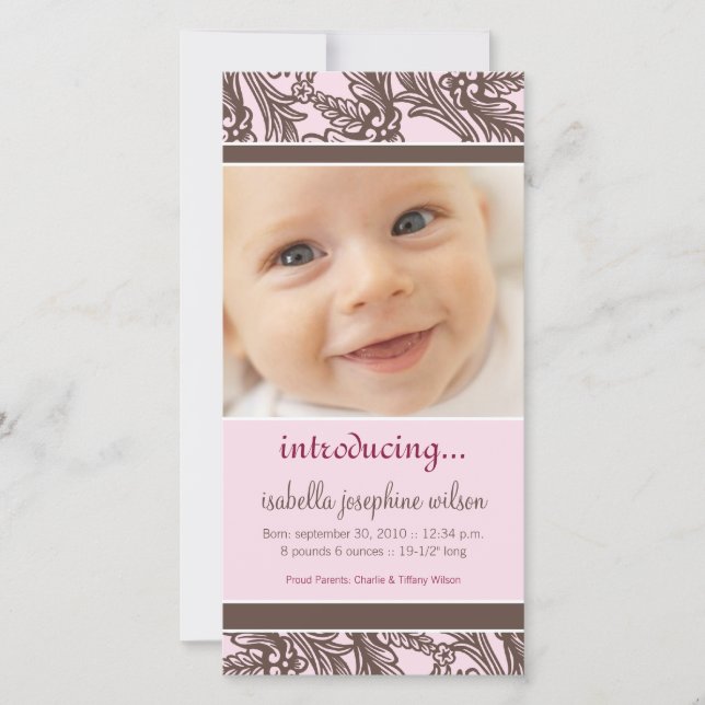 Faire-part de naissance Floral Orné (Brown/Rose) (Devant)