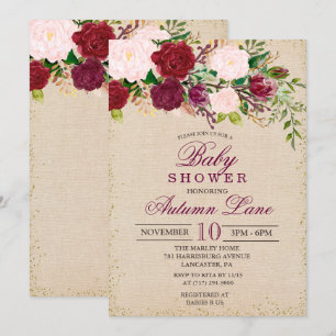 Faire-part de naissance floral rustique bordeaux p
