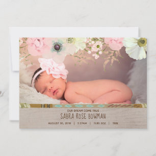 Faire-part de naissance floral rustique de plume