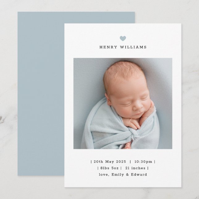 Faire-part de naissance garçon coeur bleu minimali (Devant / Derrière)