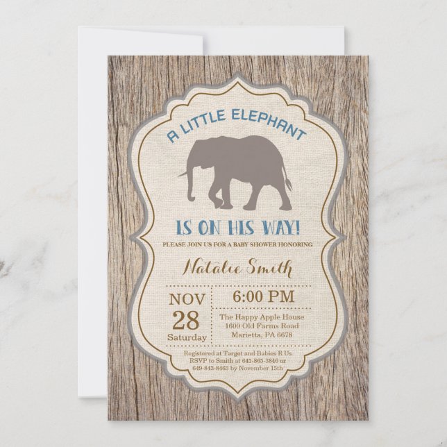Faire-part de Naissance Garçon Éléphant Rustique (Devant)