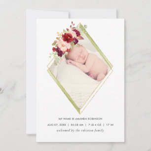 Faire-part de naissance géométrique bordeaux et ro