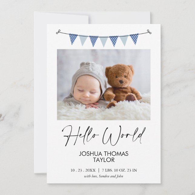 Faire-part de naissance Hello Modern Blue Bunting  (Devant)