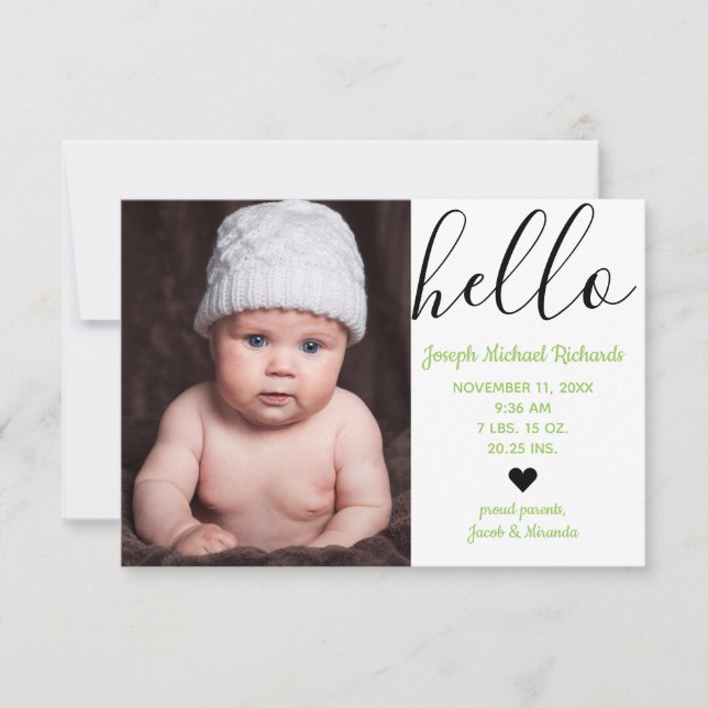 Faire-Part de Naissance Hello Script Photo Vert -  (Devant)