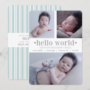 Faire-part de naissance Hello World Taupe/Aqua 3 P