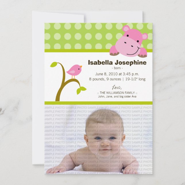 Faire-part de naissance Hippo et Birdie Baby (vert (Devant)