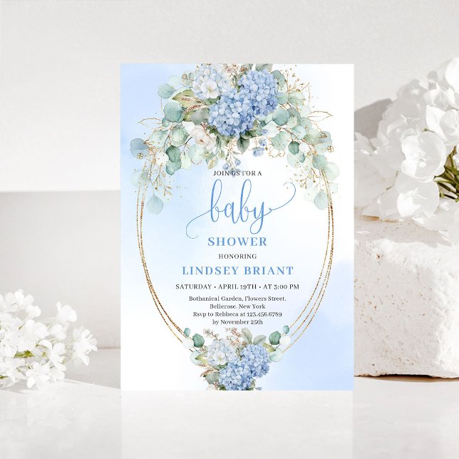 Faire-part de naissance Hydrangea Bleu Botanique E (Botanical Blue Hydrangea Eucalyptus Baby Shower Invite)