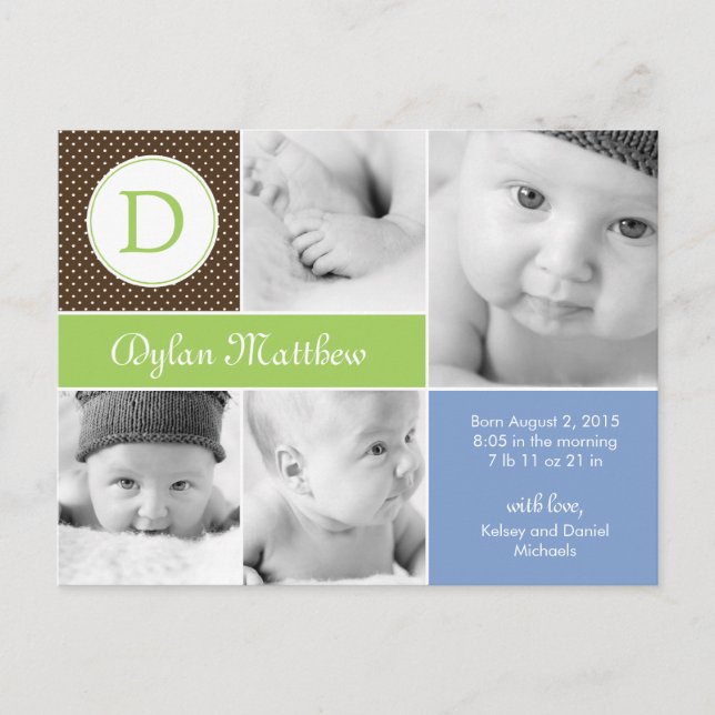 Faire-part de naissance initial moderne - Bleu (Devant)