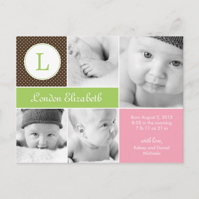 Faire-part de naissance initial moderne - rose (Devant)