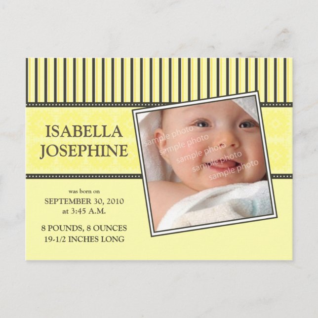 Faire-part de naissance jaune bébé Damask & Stripe (Devant)