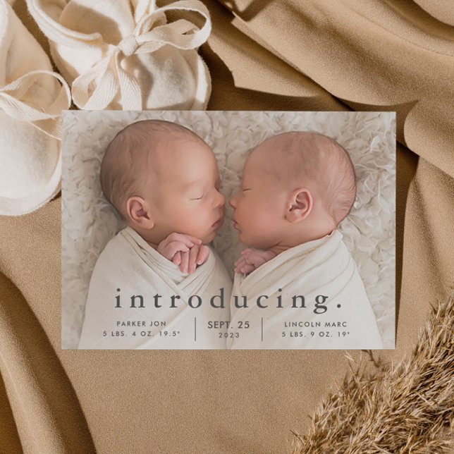 Faire-Part de Naissance Jumeaux Photo Minimaliste  (Simple typography twins baby birth announcement.)