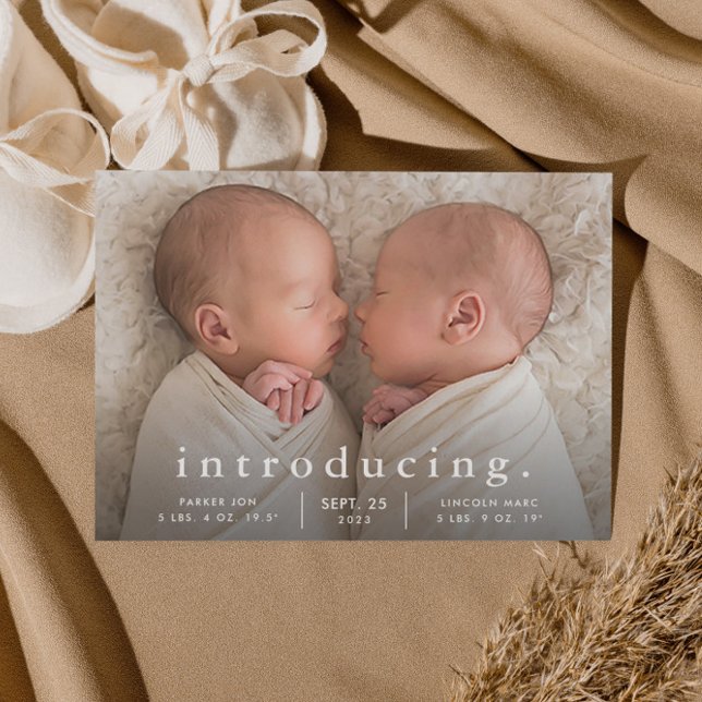 Faire-Part de Naissance Jumeaux Photo Minimaliste  (Simple typography twins baby birth announcement.)