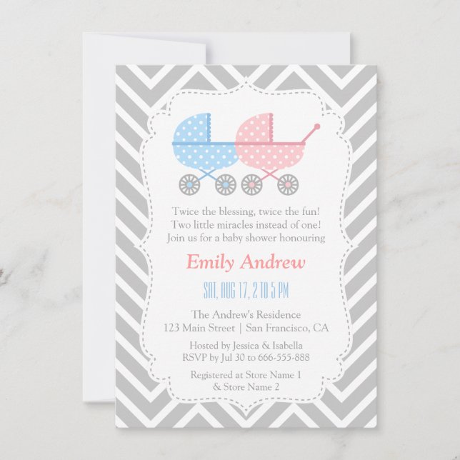 Faire-part de Naissance Jumeaux Poussettes Chevron (Devant)