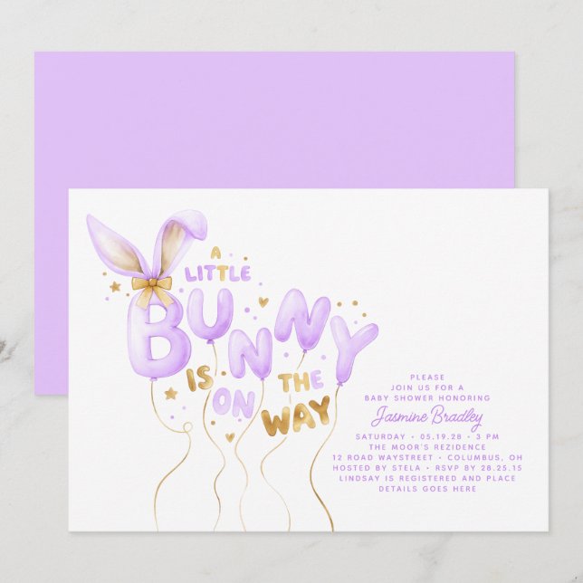 Faire-Part de Naissance Lapin Doré Violet (Devant / Derrière)