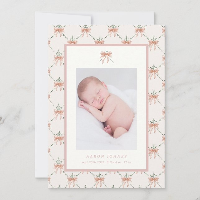 Faire-part de naissance mignon avec treillis à nœu (Devant)