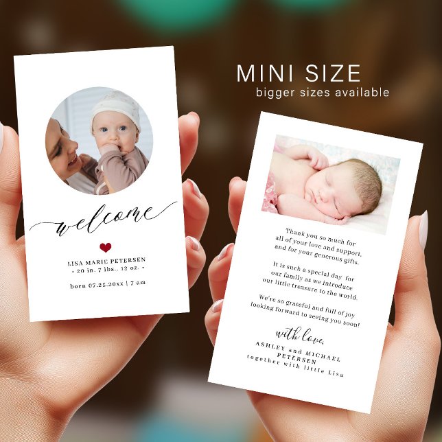 Faire-part de naissance MINI TAILLE photo de bébé  (This is a small note card. Bigger sizes available)