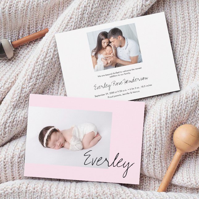 Faire-Part de Naissance Moderne Écriture Rose Douc (Pink custom baby girl photo birth announcement cards.)
